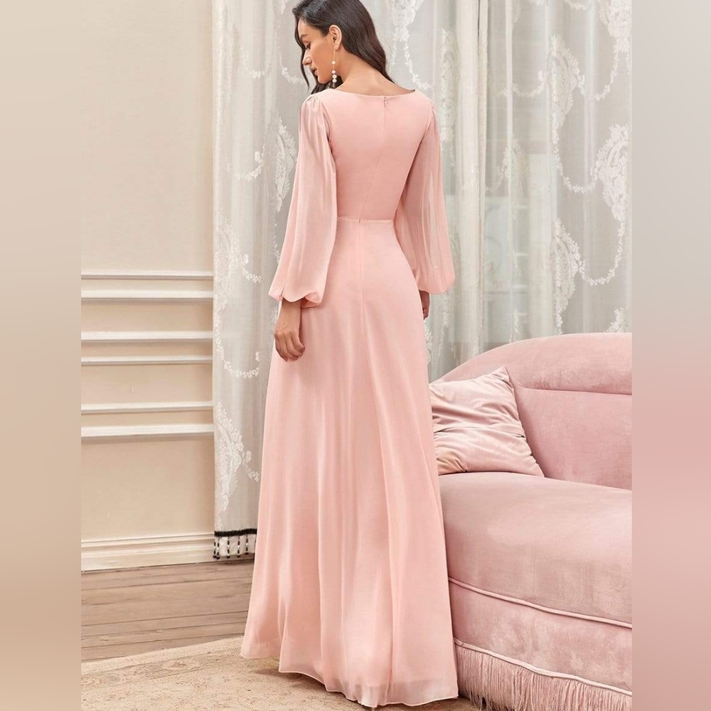 Elegant Chiffon V-Neckline Long Sleeve Formal Evening Dress - Picture 2 of 16